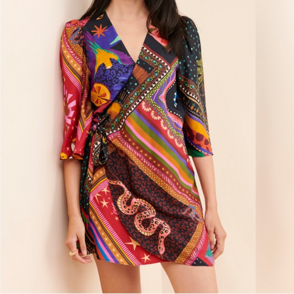 Farm Rio Printed Scarves Mini Wrap Dress size Medium